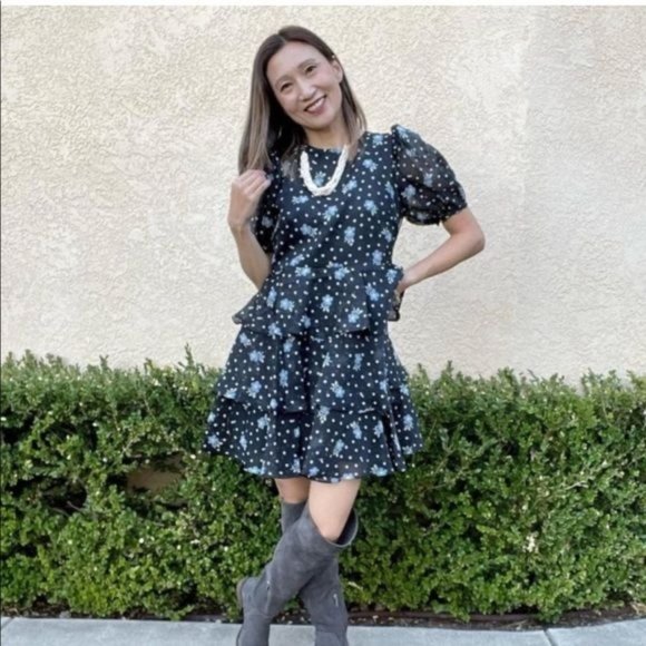 Sandy Liang For Target Dress Small Floral Short Puff Sleeve Tiered Polka Dot New - Picture 9 of 17